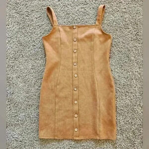 Sleeveless Suede-Look Polyester & Elastin Tan Jumper Dress, Size Medium